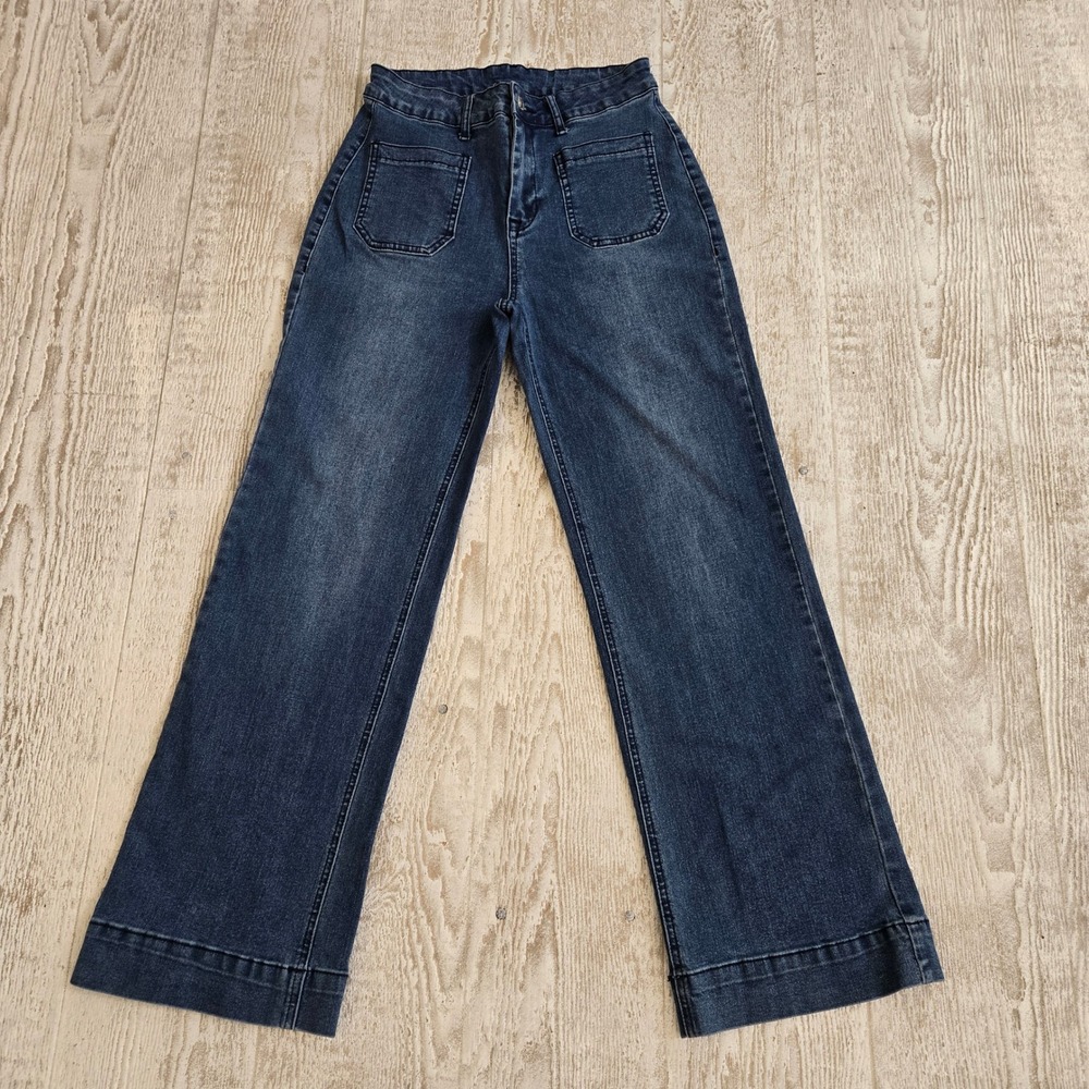 High Waisted Wide Leg Patch Pocket Y2K Retro Disco Jeans Medium Wash Denim Sz 8